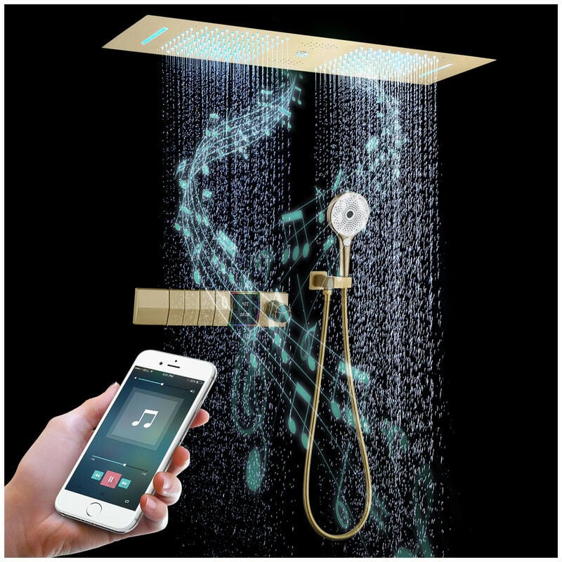 foto del prodotto esip sistema doccia termostatico musicale, 300x900mm led 64 colori 4 funzioni colonna doccia a incasso, pioggia, cascata, colonna d acqua, doccetta
