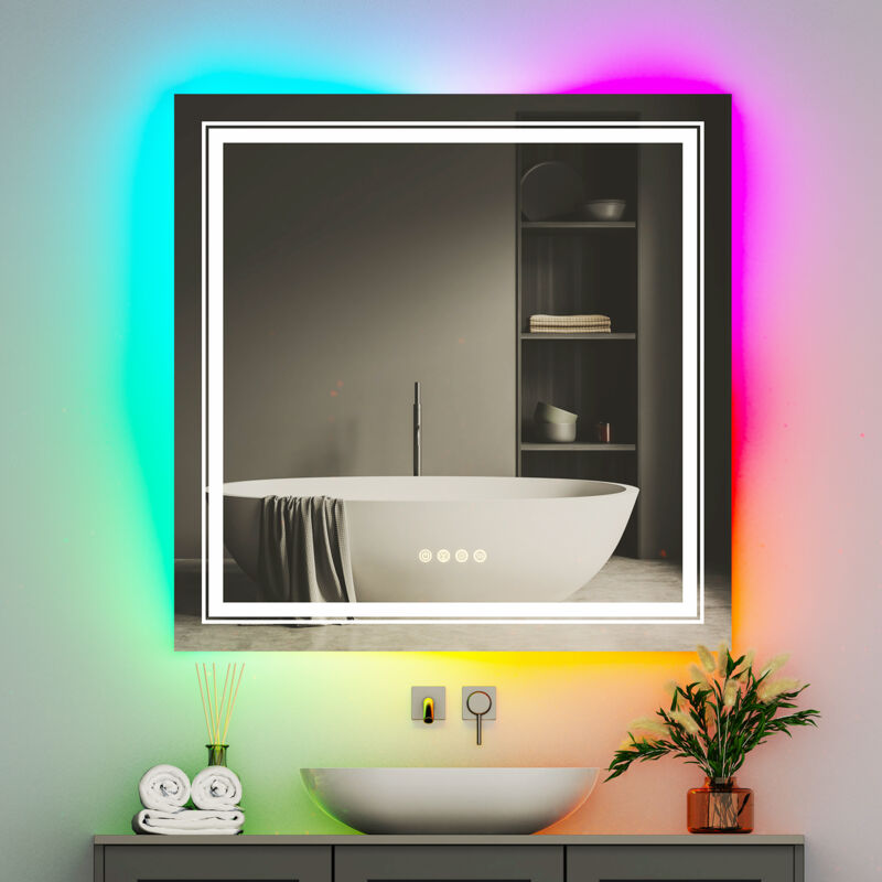 foto del prodotto espejo bao de pared con luz led rgb antivaho rectangular, 800x800mm luvodi