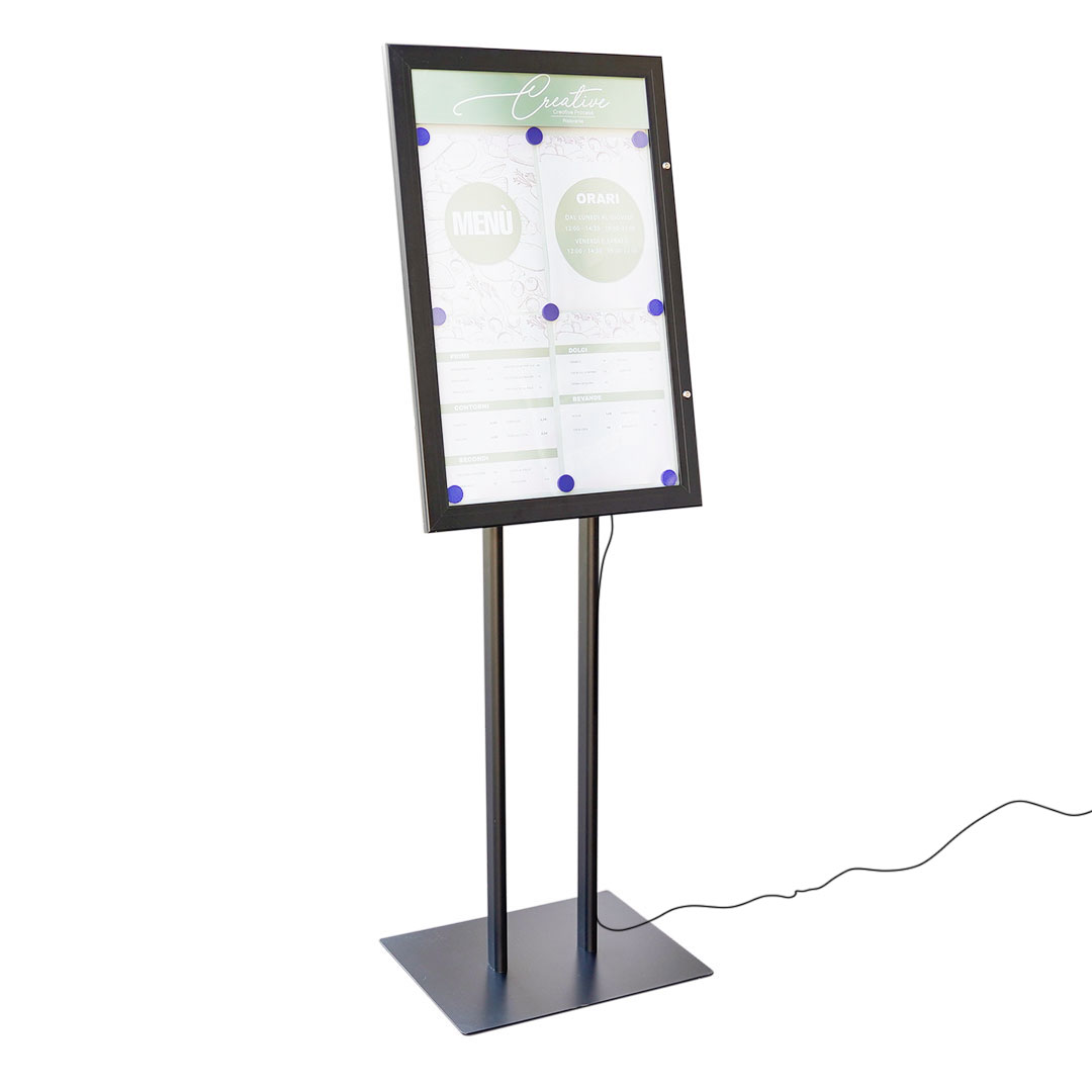 foto del prodotto espositore a leggio con piantana 51,4x79 cm in alluminio con led porta menù nera