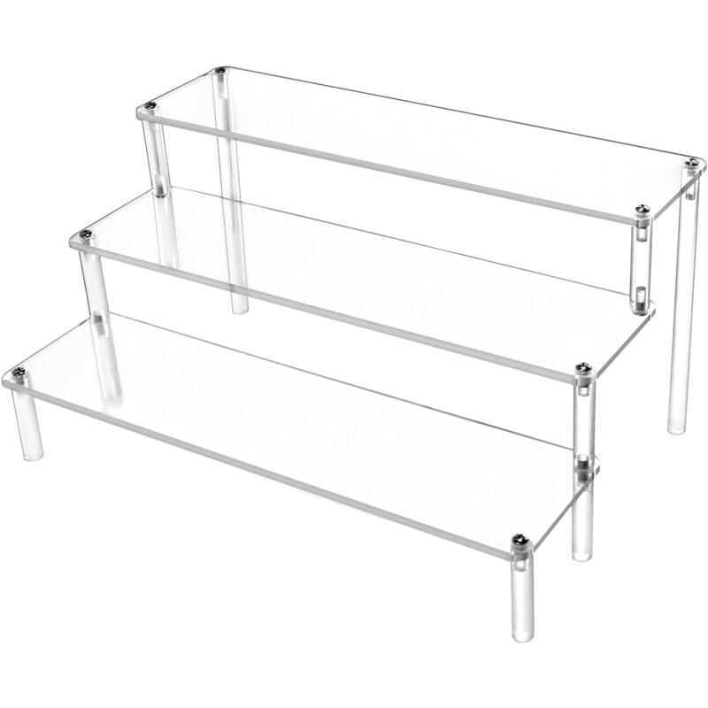 foto del prodotto espositore in acrilico a 3 livelli, espositore in acrilico trasparente, espositore a gradini trasparente, multiuso, per statuette, gioielli, cupcake,
