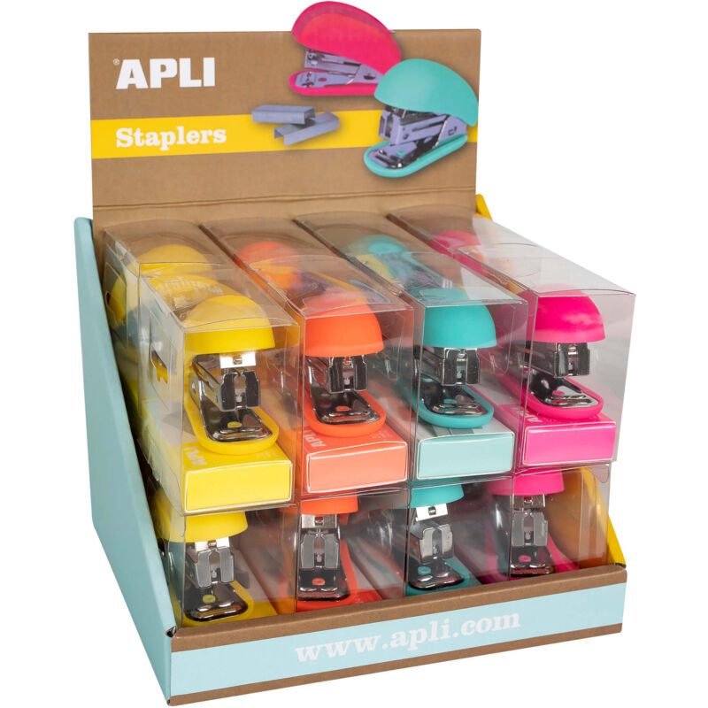 foto del prodotto espositore per cucitrici della collezione fluor - misura 63 mm - 16 pezzi in 4 colori vivaci - 1000 punti metallici argentati per cucitrice inclusi