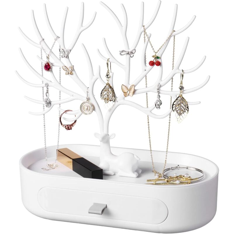 foto del prodotto espositore per gioielli, albero portagioielli in plastica con cassetti, portagioielli per orecchini, collane, bracciali, orologi bianco 