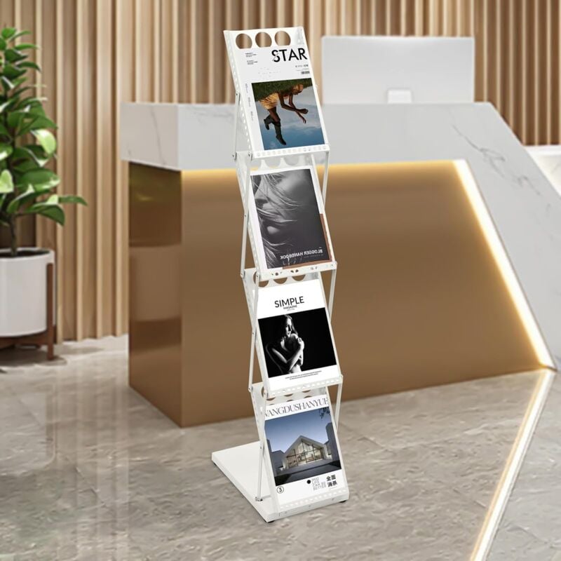 foto del prodotto espositore pieghevole leggio per volantini da pavimento, formato verticale, bianco mobile in metallo con 4 ripiani, per cataloghi, volantini o