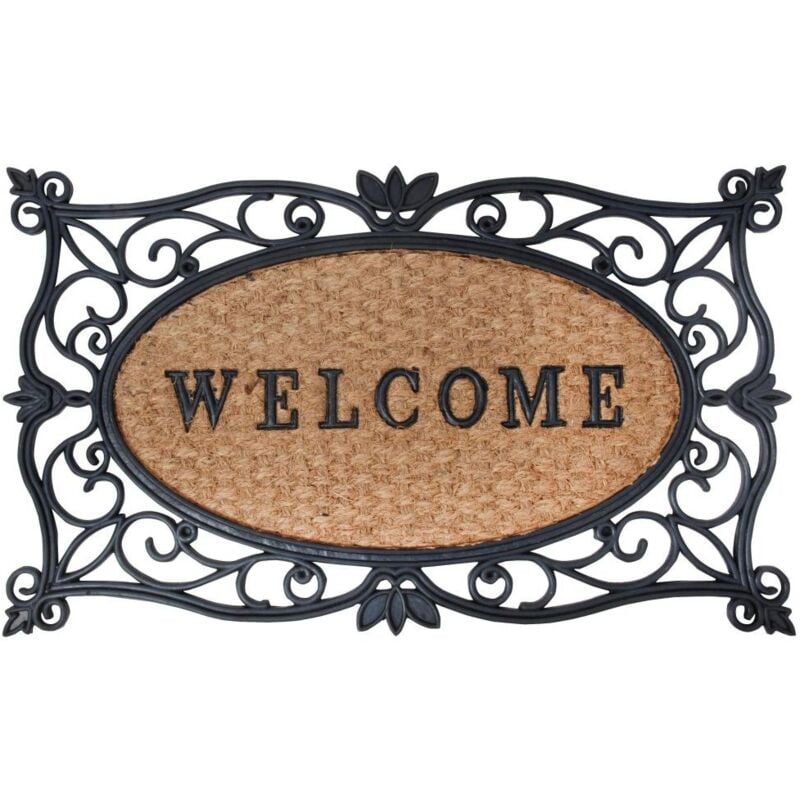 foto del prodotto esschert design zerbino in gomma a lavorazione artistica, inserto centrale in fibre di cocco decorato con scritta welcome , da circa 75 x 45 cm,