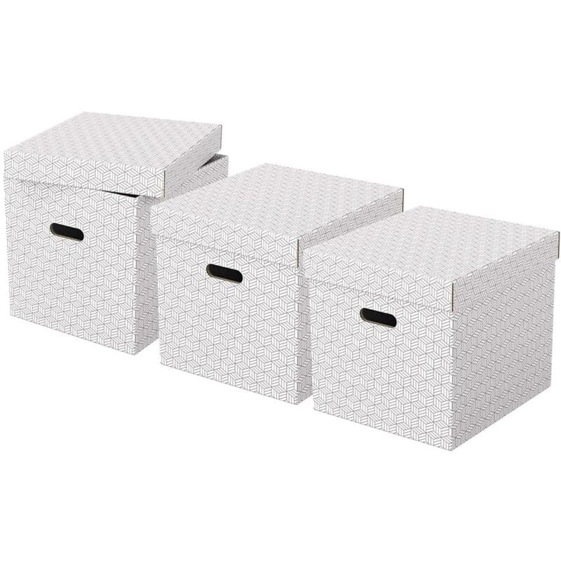 foto del prodotto esselte set di 3 contenitori cubici grandi con coperchio in cartone riciclato e riciclabile al 100 , ottimali per lo stoccaggio e l archiviazione,