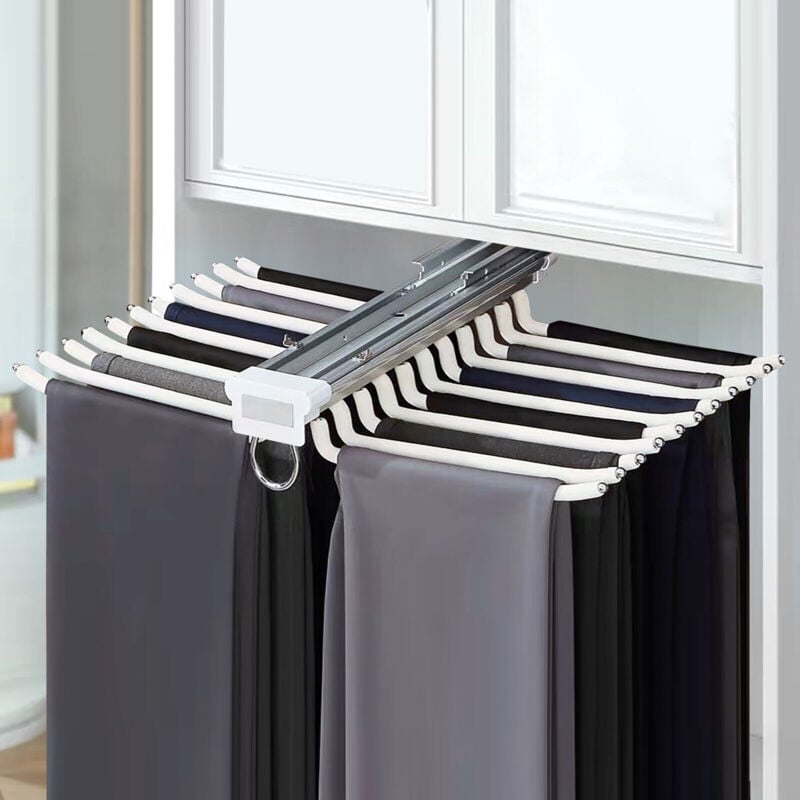 foto del prodotto estensibile per riporre i pantaloni e i pantaloni, accessorio per armadio, dotato di cuscinetti in gomma ammortizzante, design a testa tonda