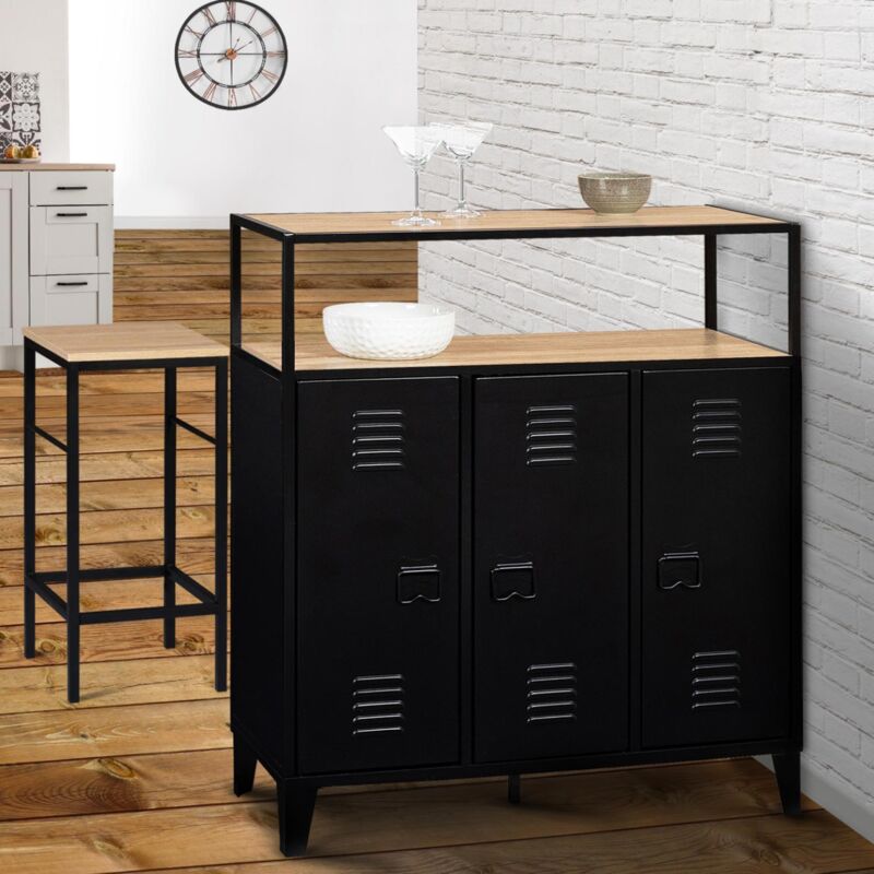 foto del prodotto ester buffet da bar a 3 ante in metallo nero con piano in legno effetto faggio