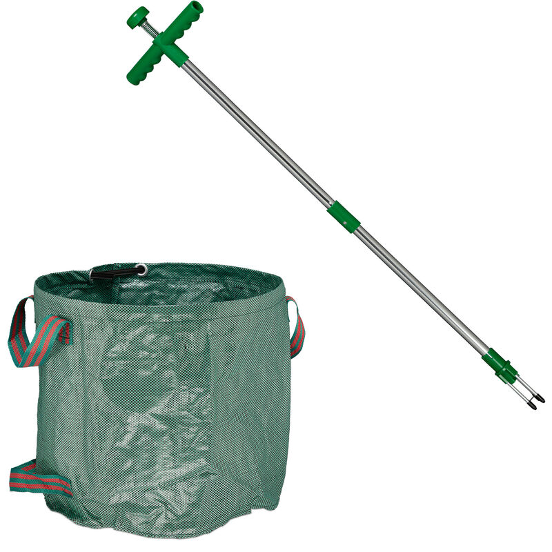 foto del prodotto estirpatore erbacce manuale e sacco raccogli foglie da giardino, set giardinaggio, sarchiatore 99 cm, verde relaxdays