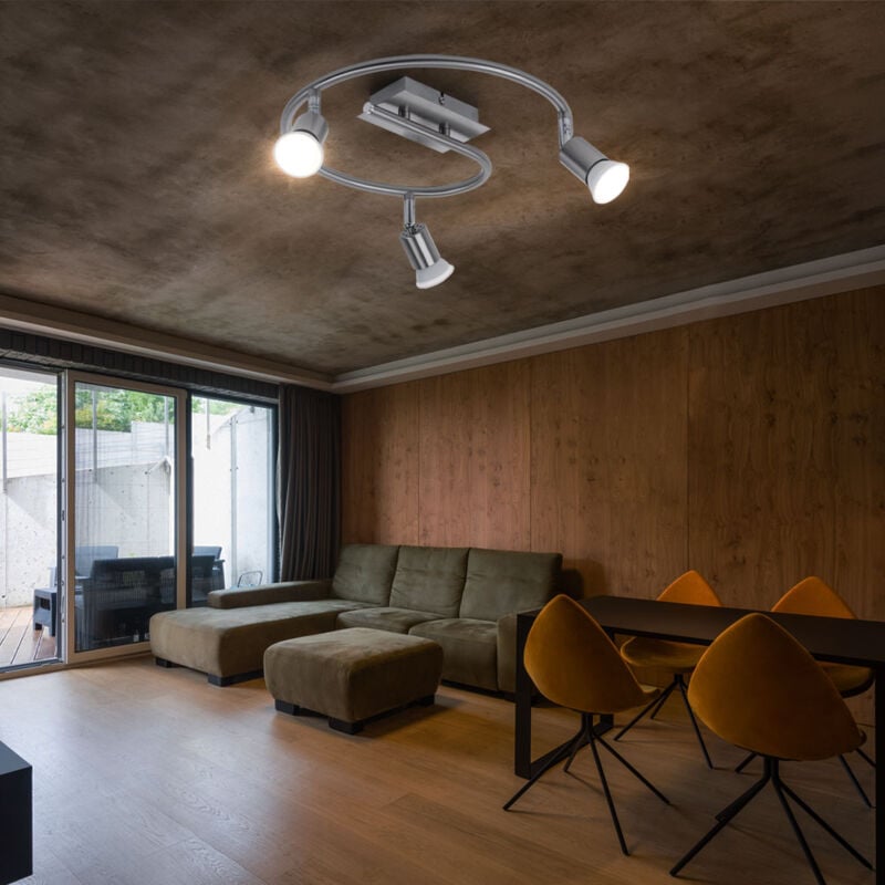 foto del prodotto esto plafoniera faretto plafoniera lampadario a soffitto con spot mobili, acciaio spazzolato, asta di supporto curva, argento, 3x gu10, p 50 cm
