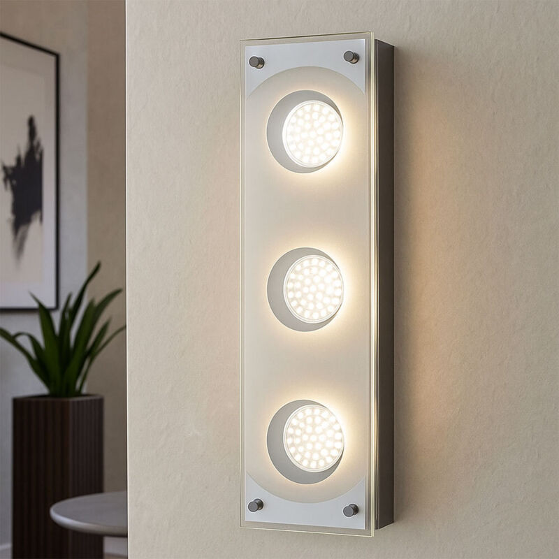 foto del prodotto esto plafoniera plafoniera applique lampada da parete acciaio spazzolato, cromo, vetro satinato, 3x led 3 watt 260 lumen bianco caldo, lxh 35 x 10