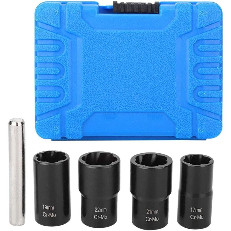 foto del prodotto estrattore per perni set di 5 bussole per dadi di bloccaggio delle ruote dimensioni 17 mm, 19 mm, 21 mm, 22 mm