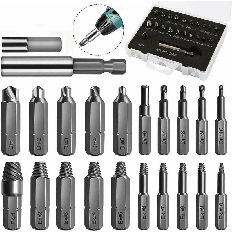 foto del prodotto estrattore per viti danneggiate, kit di rimozione dell estrattore per viti rotte da 22 pezzi con portapunte magnetico e adattatore per bussola, per