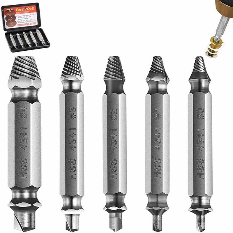 foto del prodotto estrattori per viti danneggiate e svitate, 5 pezzi estrattore per bulloni rotti in acciaio hss 4341 con durezza superiore a 63 hrc, diametro 2 12 mm