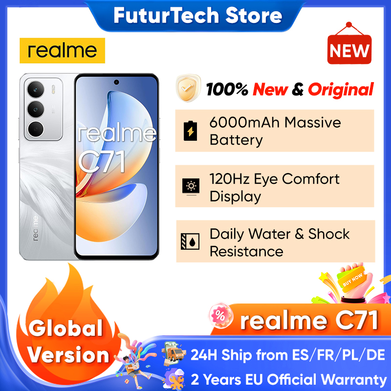 foto del prodotto estreno mondiale realme c71 smartphone batteria da 6300 mah carica 45 w display da 6,67 120 hz fotocamera da 50 mp chipset unisoc t7250 nfc ip64