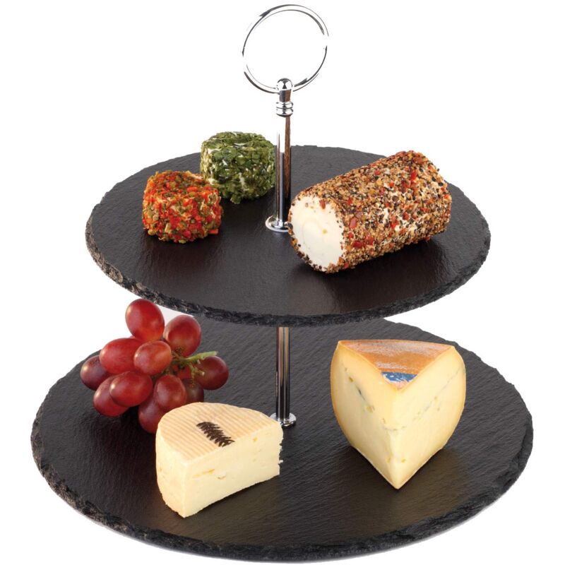 foto del prodotto etagere a 2 livelli, piatti in ardesia 25 cm, 20 cm, h 24 cm, metallo cromato - aps