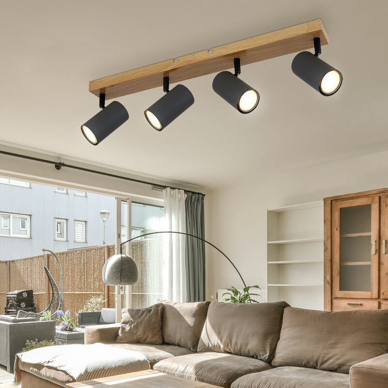 foto del prodotto etc shop faretto da soffitto 4 fiamme plafoniera aspetto legno gu10 lampada da soffitto soggiorno con faretti orientabili, metallo, 4x gu10, lxpxh