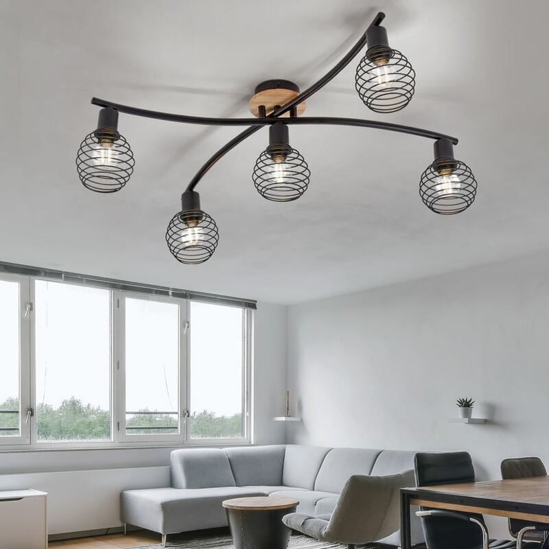 foto del prodotto etc shop faretto da soffitto 5 fiamme faretti neri plafoniera plafoniera nera, accenti legno, schermi a gabbia, 5x prese e14, l 70 cm