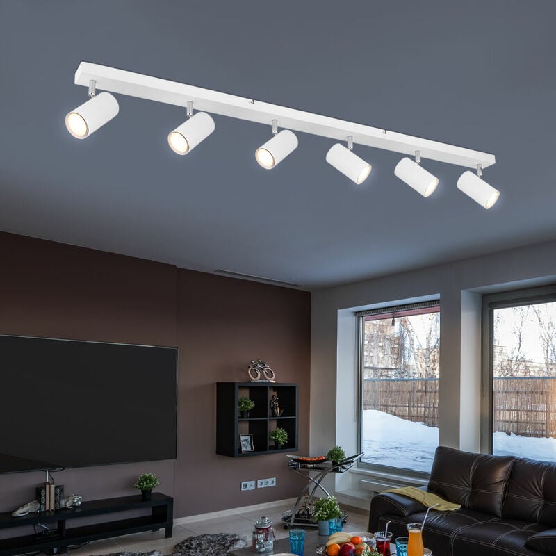 foto del prodotto etc shop faretto da soffitto plafoniera 6 fiamme faretto bianco, spot mobili, lampada da soggiorno in metallo, 6 prese gu10, lxlxa 115x6x12cm