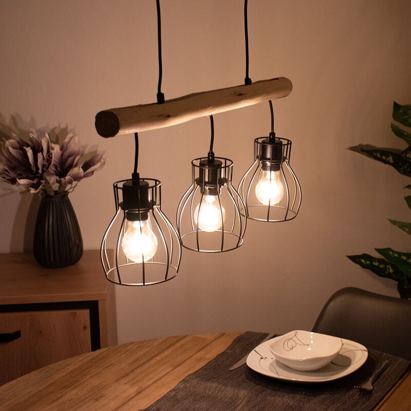 foto del prodotto etc shop lampada a sospensione design in legno con paralumi a griglia lampada a sospensione con travi in legno 3 fiamme, metallo nero legno