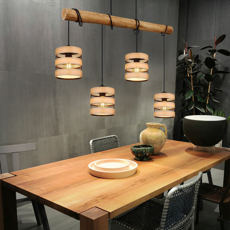 foto del prodotto etc shop lampada a sospensione lampada da sala da pranzo lampada a sospensione aspetto legno griglia nera lampada a sospensione rotonda 4 fiamme,
