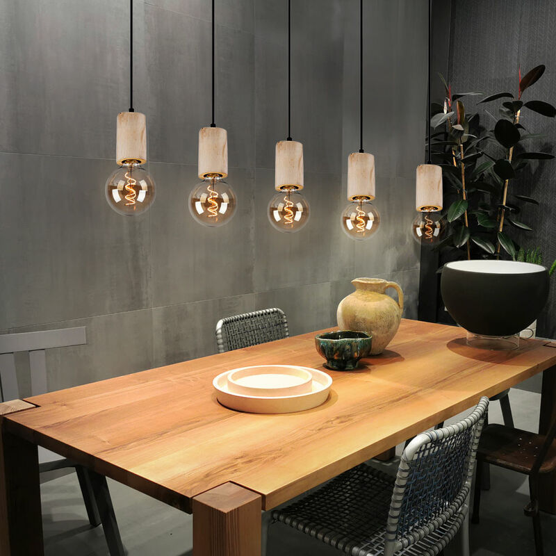 foto del prodotto etc shop lampada a sospensione lampada in legno plafoniera soggiorno lampada a sospensione nera 5 fiamme, metallo colore naturale, prese 5x e27,
