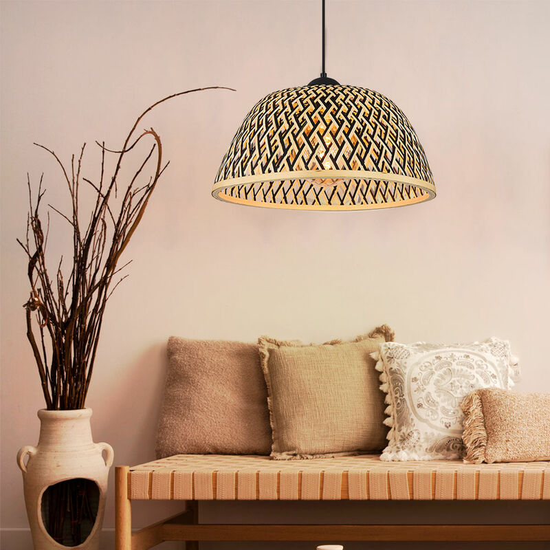 foto del prodotto etc shop lampada a sospensione tavolo da pranzo lampada da sala da pranzo in bamb marrone, lampada in legno boho intrecciata rotonda, nero, e27,