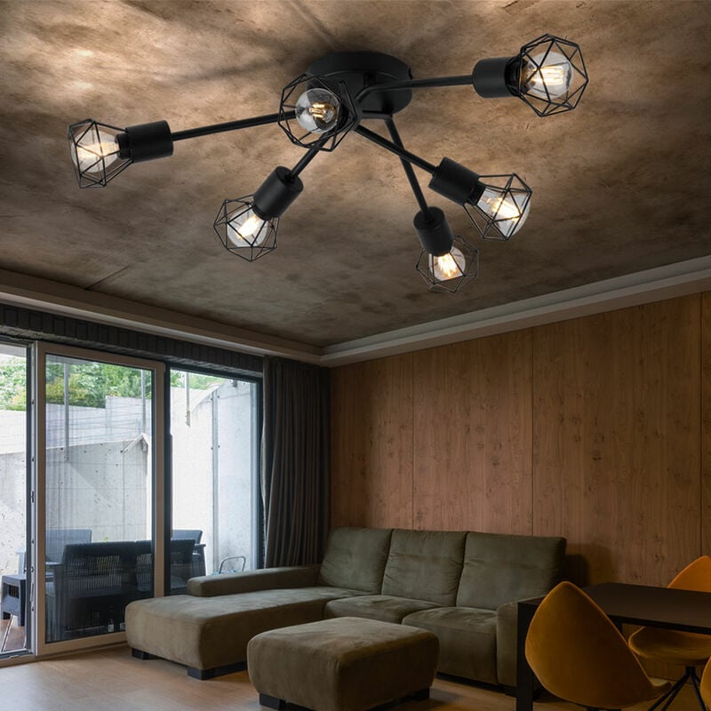 foto del prodotto etc shop lampada da soffitto 6 fiamme nero lampada da soffitto gabbia moderna soggiorno lampada spot paralume reticolo, metallo, 6x e14, dxh 63x18
