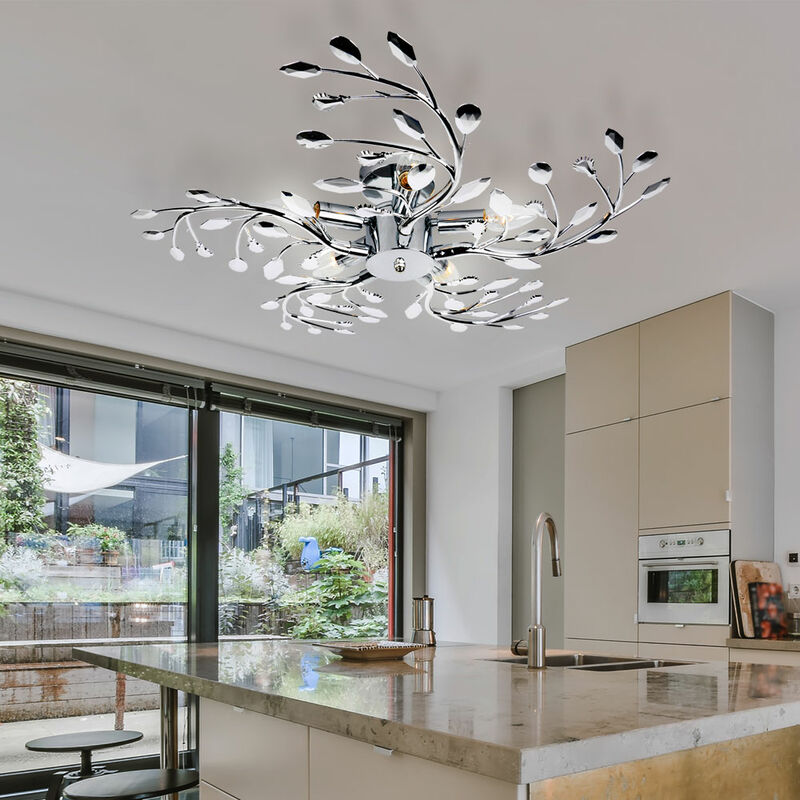 foto del prodotto etc shop lampada da soffitto a led illuminazione soggiorno fiori foglie lampada cromata in un set che include lampadine a led