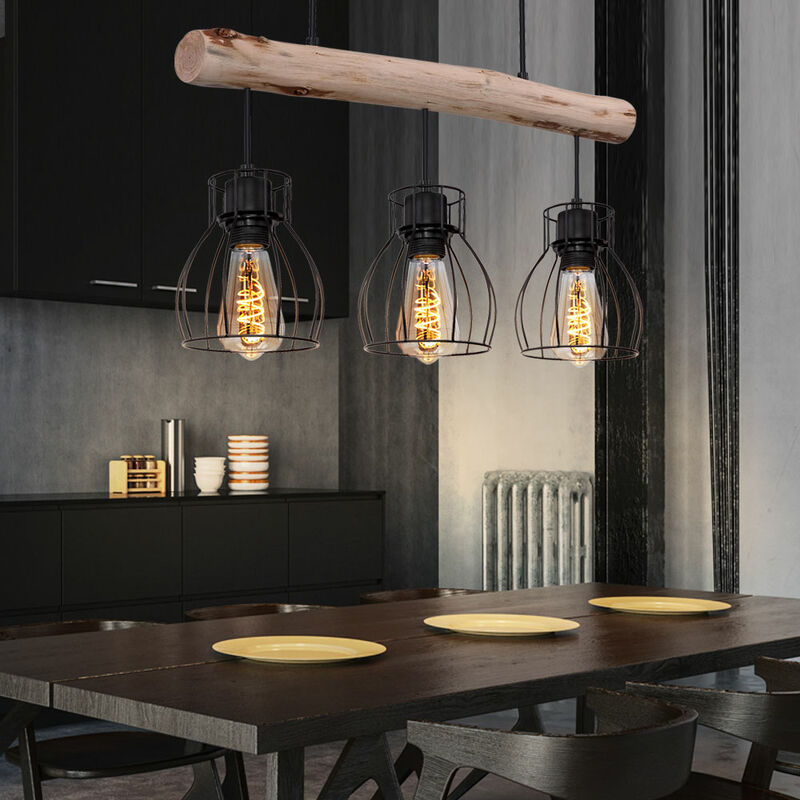 foto del prodotto etc shop lampada da soffitto a pendolo retr filament lampada a sospensione a trave di legno con design a gabbia in un set che include lampadine a