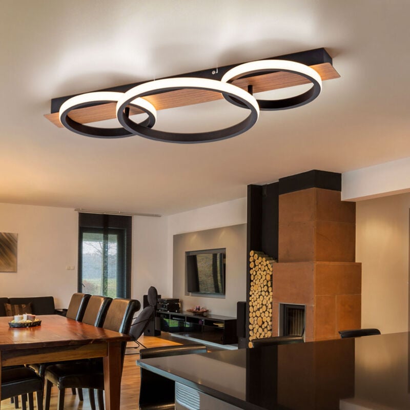 foto del prodotto etc shop lampada da soffitto in legno lampada da soffitto in metallo lampada led nera in legno, 3 fiamme, aspetto legno moderno, 1x led 37w 3200lm