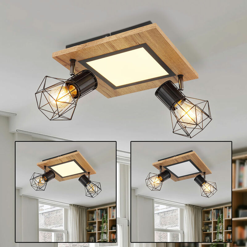 foto del prodotto etc shop lampada da soffitto, lampada da soggiorno, circuito stampato a led, schermo a griglia metallica, faretti, mobile, effetto legno, 2 x e27