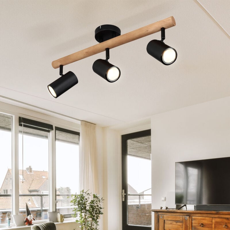 foto del prodotto etc shop lampada da soffitto lampada da soggiorno lampada da sala da pranzo faretto da soffitto, legno metallo nero, 3 fiamme, gu10, l 54 cm