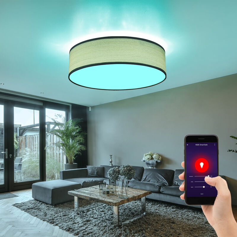 foto del prodotto etc shop lampada da soffitto smart home dimmerabile in legno ottico grigio chiaro alexa google in un set con illuminante a led rgb