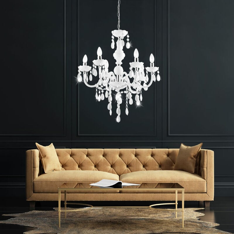 foto del prodotto etc shop lampadario a sospensione in cristalli lampadario a sospensione a 6 fiamme bianco, accenti cromati a sospensione in cristallo, 6 prese e14,