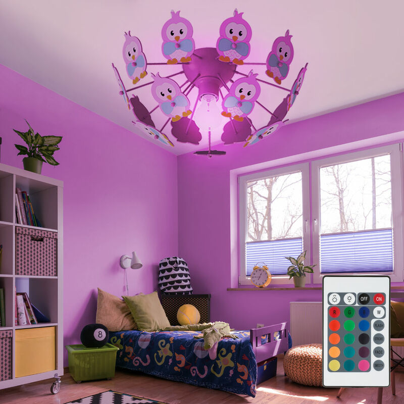 foto del prodotto etc shop luce per bambini dimmerabile con telecomando lampada da soffitto per bambini lampada led per bambini rosa, cambio colore rgb, gufi, legno