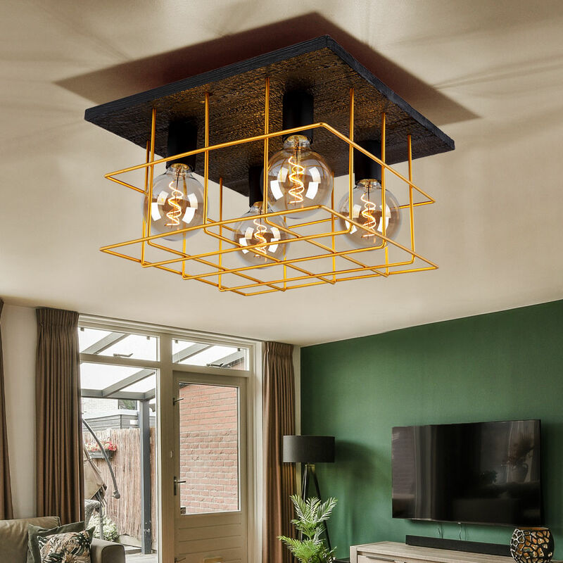 foto del prodotto etc shop plafoniera 4 fiamme plafoniera faretto industriale in legno e27, aspetto legno griglia metallica nera color oro, lxlxa 40x40x26cm