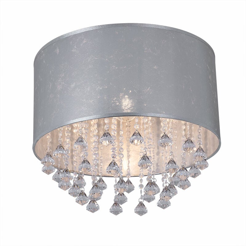 foto del prodotto etc shop plafoniera argento lampada soggiorno plafoniera sala da pranzo, tessuto in ottica foglia argento con cristalli, 1x e27, dxh 40 x 38 cm