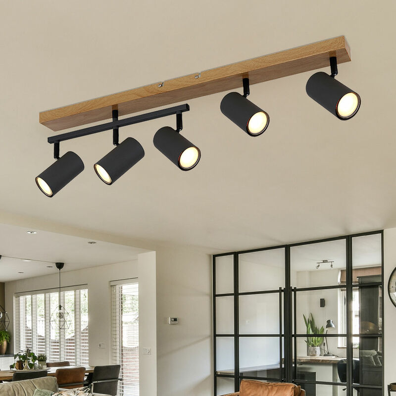 foto del prodotto etc shop plafoniera faretti effetto legno sala da pranzo gu10 nero 5 fiamme orientabili plafoniera orientabile, metallo grafite, 5x gu10, lxlxa