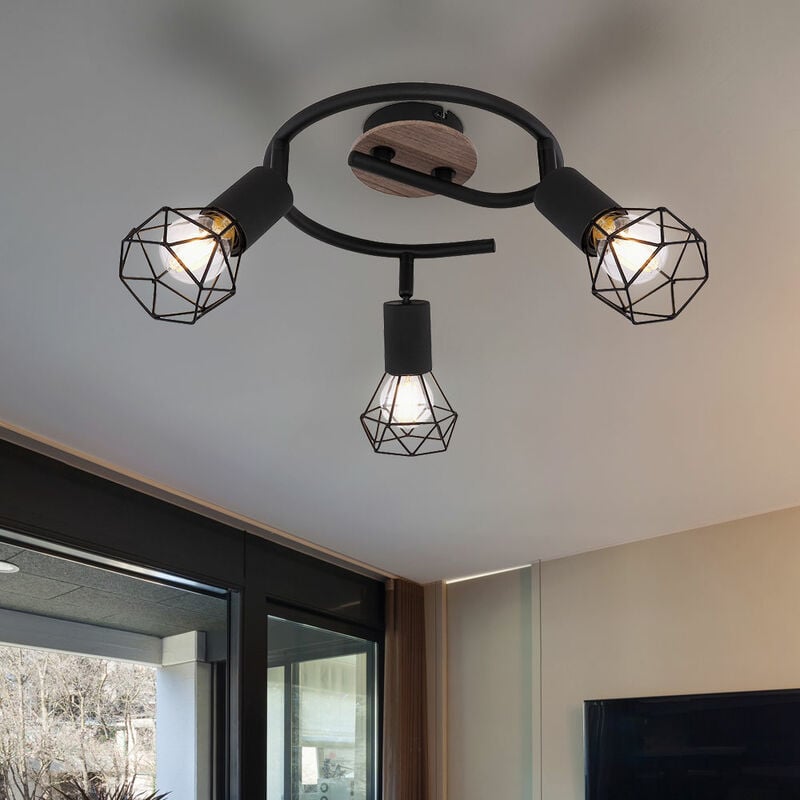 foto del prodotto etc shop plafoniera faretto rondell legno soggiorno lampada industriale rondell plafoniera 3 fiamme da regolare, griglia metallica nera, 3x prese