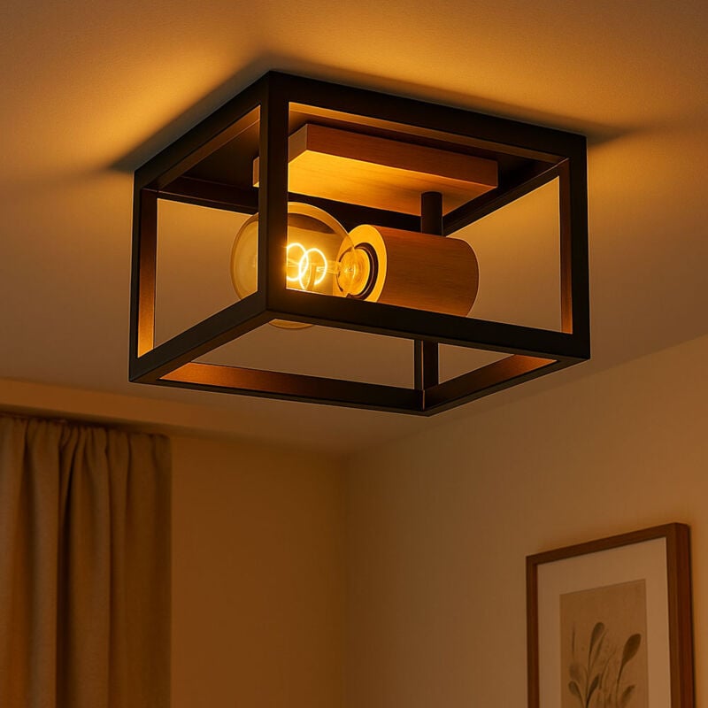 foto del prodotto etc shop plafoniera lampada retr in legno plafoniera cornice nera faretto soffitto orientabile, metallo colore naturale 1x e27, hxlxp 14,5x22x22 cm