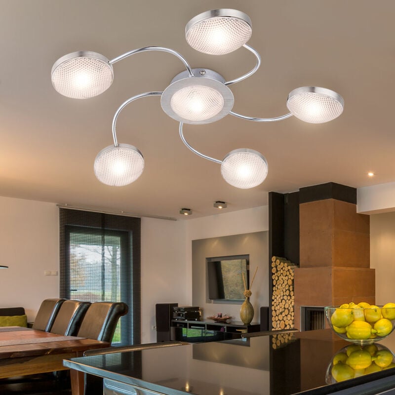 foto del prodotto etc shop plafoniera led a 6 fiamme faretto da soffitto in alluminio nichel cromo opaco, 5 bracci, 6x led bianco caldo, 43x6cm, soggiorno corridoio