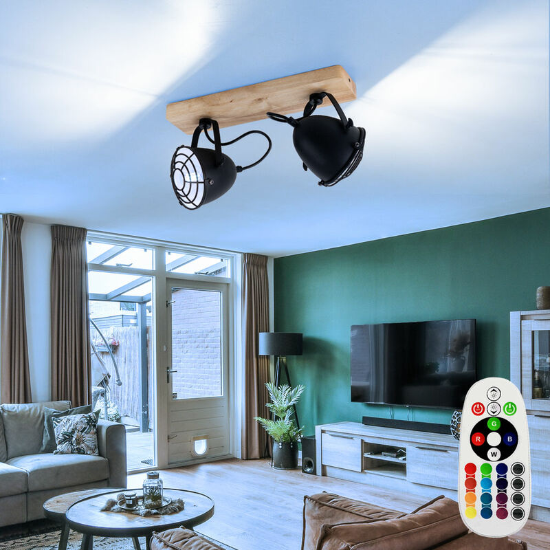 foto del prodotto etc shop plafoniera led faretto lampada soggiorno lampada sala da pranzo, griglia metallica nera legno, 2 lampadine e14 faretti mobili dimmerabili