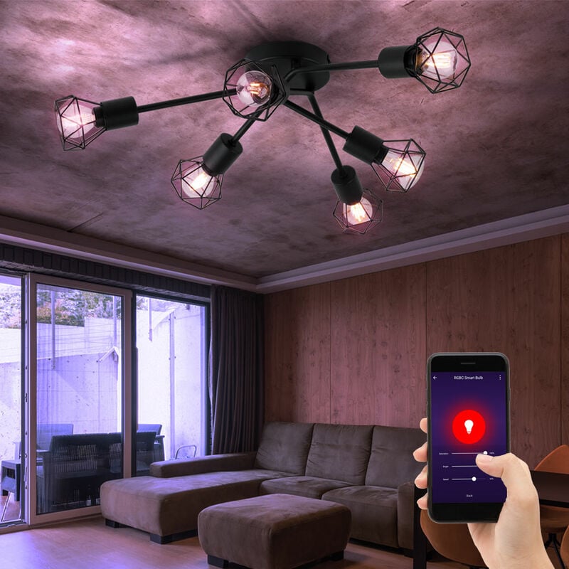 foto del prodotto etc shop plafoniera led rgb intelligente dimmerabile lampada da soggiorno a gabbia retr nera controllabile da cellulare