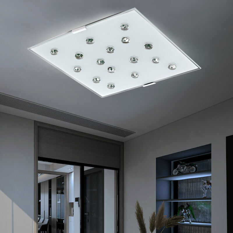 foto del prodotto etc shop plafoniera led soggiorno plafoniera vetro satinato camera da letto plafoniera acciaio bianco, con pietre di vetro trasparente, 1x led 12w