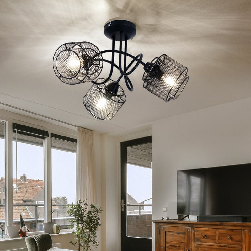 foto del prodotto etc shop plafoniera plafoniera faretto faretto lampada da soggiorno faretti orientabili 3 fiamme, schermi a griglia industriale nero, prese e14,