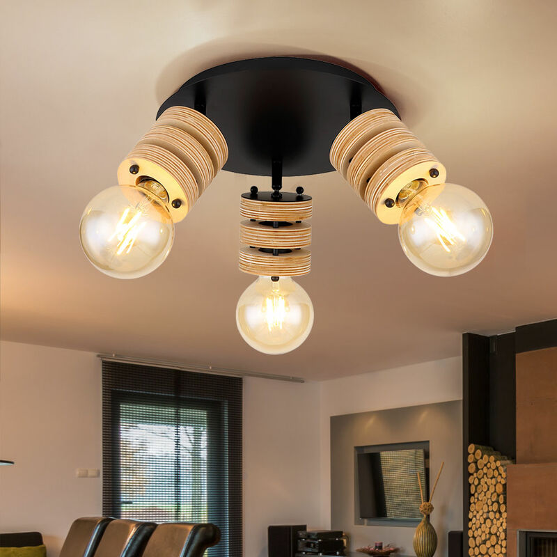 foto del prodotto etc-shop - plafoniera plafoniera faretto lampada in legno luce in legno, faretti mobili 3 lampadine, metallo nero legno naturale, attacchi e27, dxh 28x17,5cm