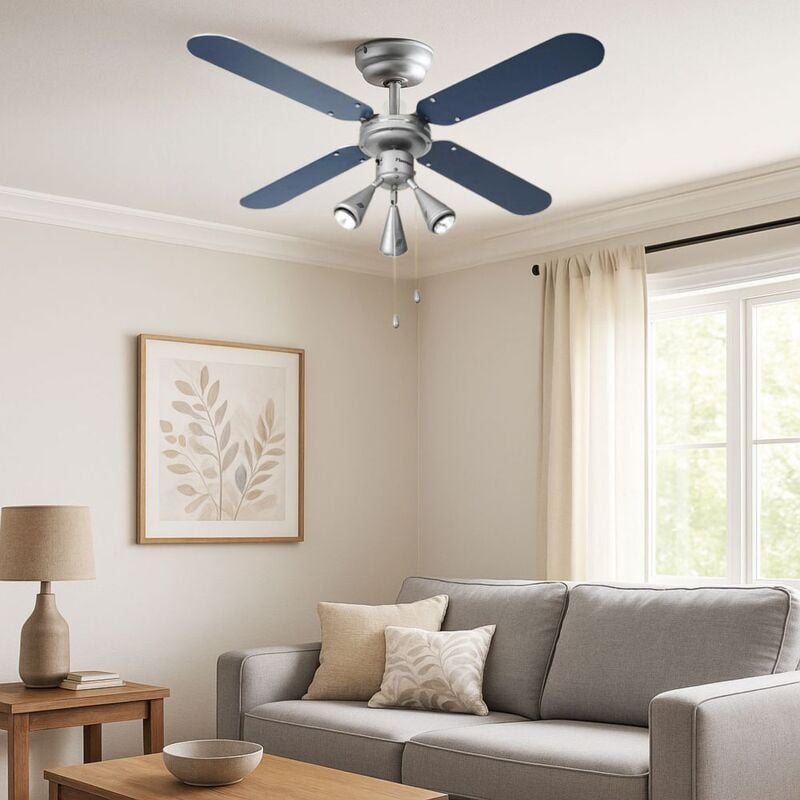 foto del prodotto etc shop ventilatore da soffitto a led a fune ventilatore avanti indietro a pale reversibili, faretti mobili, grigio argento blu navy, 3x led 4,5w