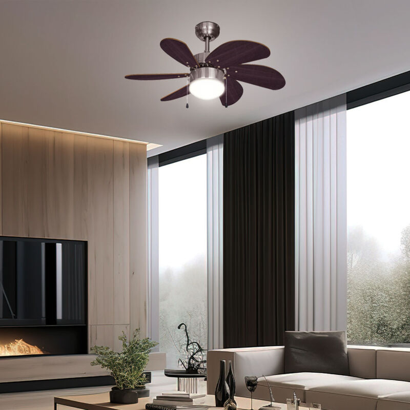 foto del prodotto etc shop ventilatore da soffitto con interruttore a tirante ventilatore con luce avanti e indietro, legno marrone, titanio, led 7w 600lm bianco