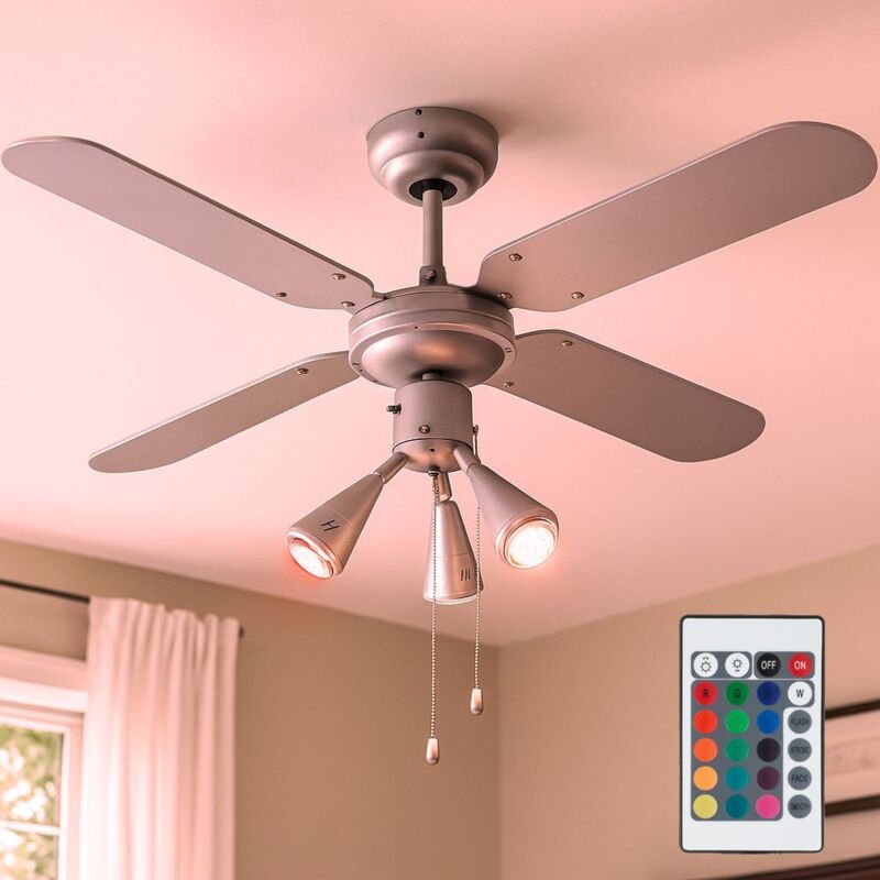 foto del prodotto etc shop ventilatore da soffitto rgb led con interruttore a fune ventilatore avanti indietro pale reversibili, spot mobili, telecomando