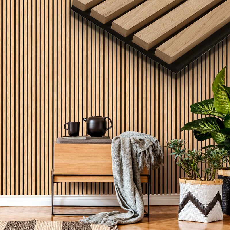 foto del prodotto eternal parquet pannello acustico feltro e fibra di legno lamelli millerighe rovere chiaro 120x34x1,5